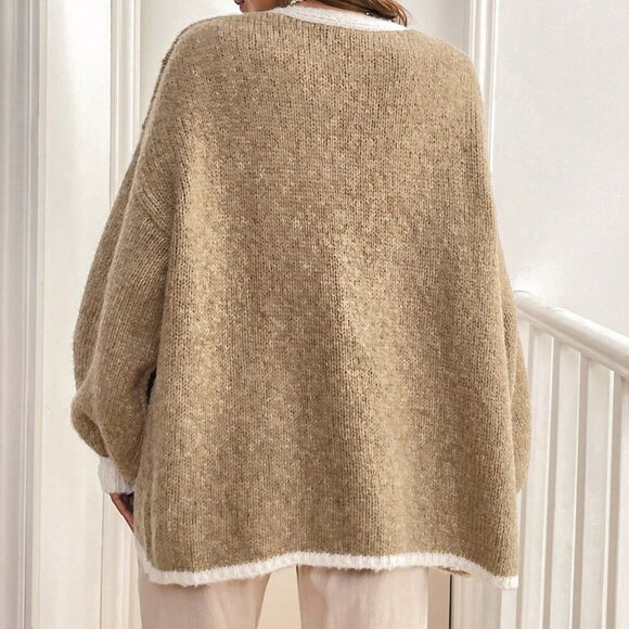 Khaki Casual Women's Loose Fit V-Neck Long Sleeve Cardigan - Picture 2 of 7